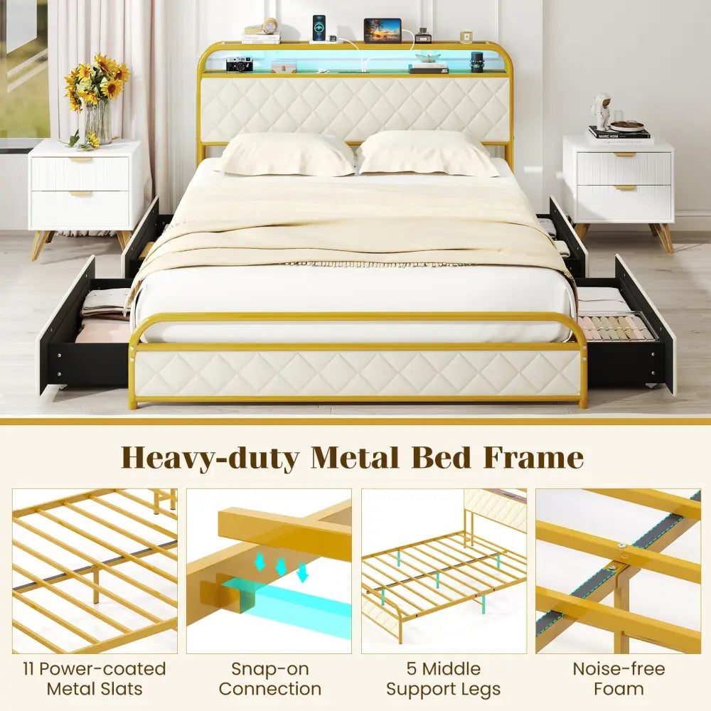 Twin/Full/Queen Size Bed Frame with LED Lights and Charging Station Gold-Queen Size - Golden - Simple Bed Frame