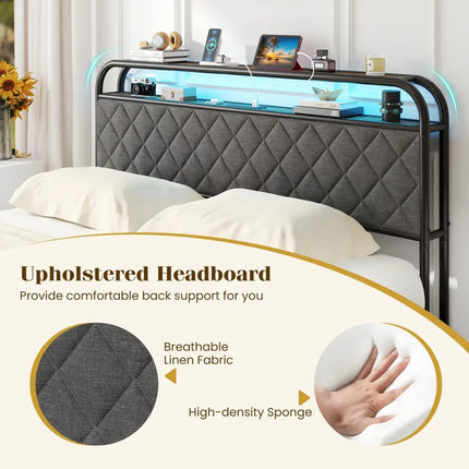 Twin/Full/Queen Size Bed Frame with LED Lights and Charging Station-Queen Size - Black - Simple Bed Frame