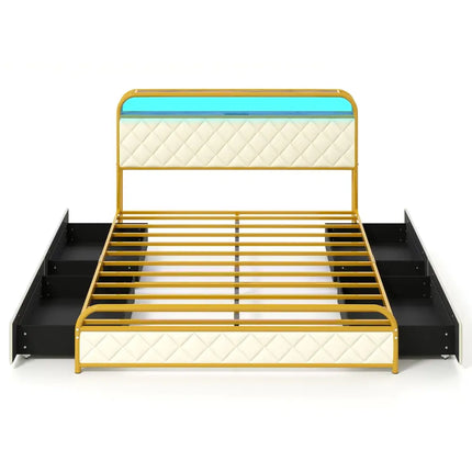 Twin/Full/Queen Size Bed Frame with LED Lights and Charging Station Gold-Queen Size - Golden - Simple Bed Frame