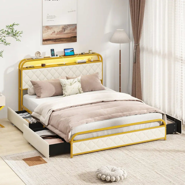 Twin/Full/Queen Size Bed Frame with LED Lights and Charging Station Gold-Queen Size - Golden - Simple Bed Frame