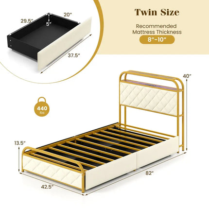 Twin/Full/Queen Size Bed Frame with LED Lights and Charging Station Gold-Twin Size - Golden - Simple Bed Frame