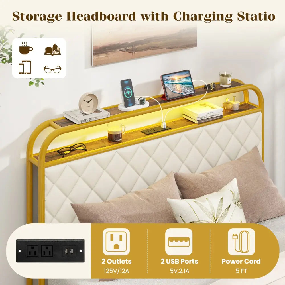 Twin/Full/Queen Size Bed Frame with LED Lights and Charging Station Gold-Full Size - Golden - Simple Bed Frame