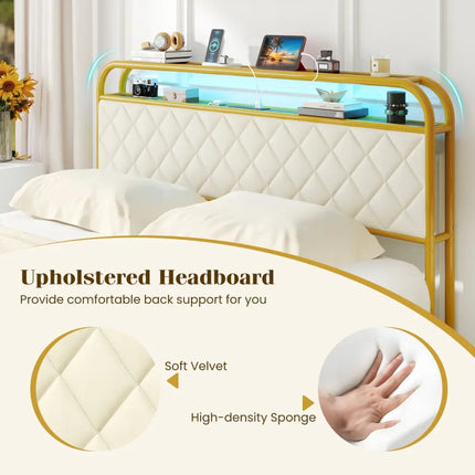 Twin/Full/Queen Size Bed Frame with LED Lights and Charging Station Gold-Queen Size - Golden - Simple Bed Frame