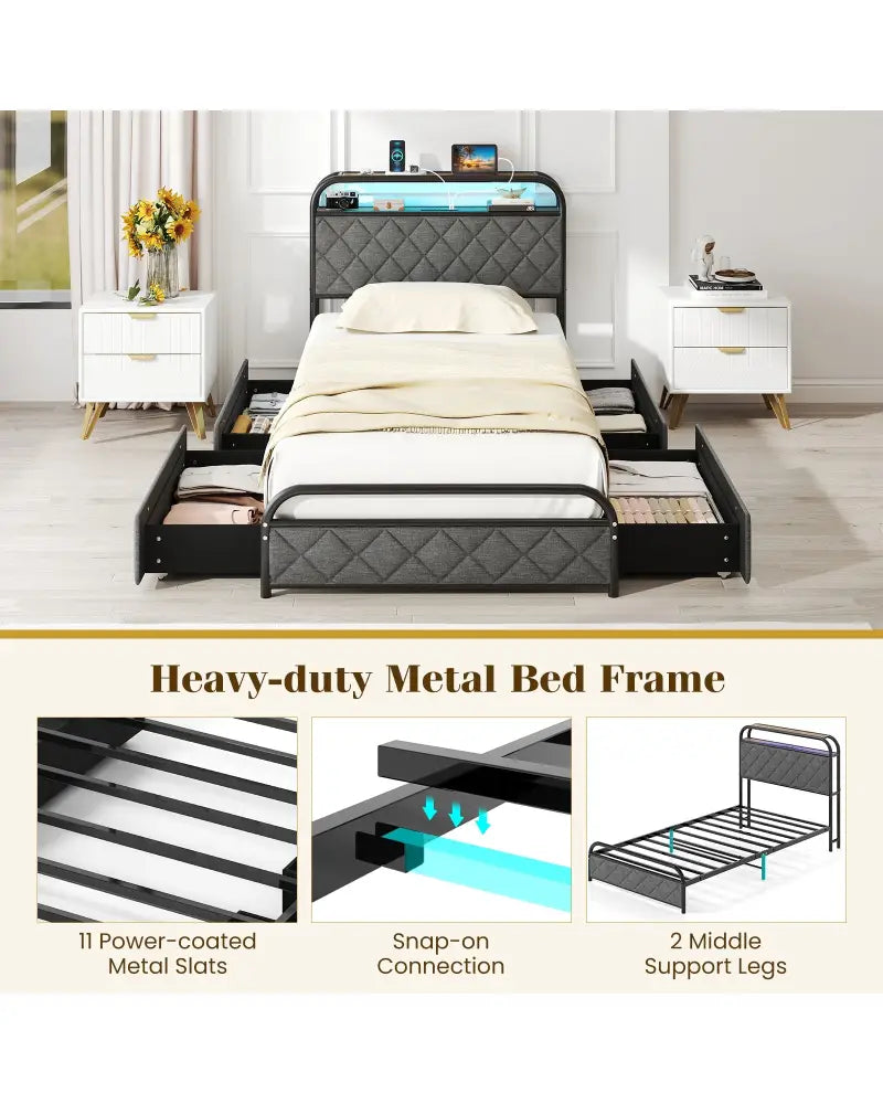 Twin/Full/Queen Size Bed Frame with LED Lights and Charging Station-Twin Size - Black - Simple Bed Frame