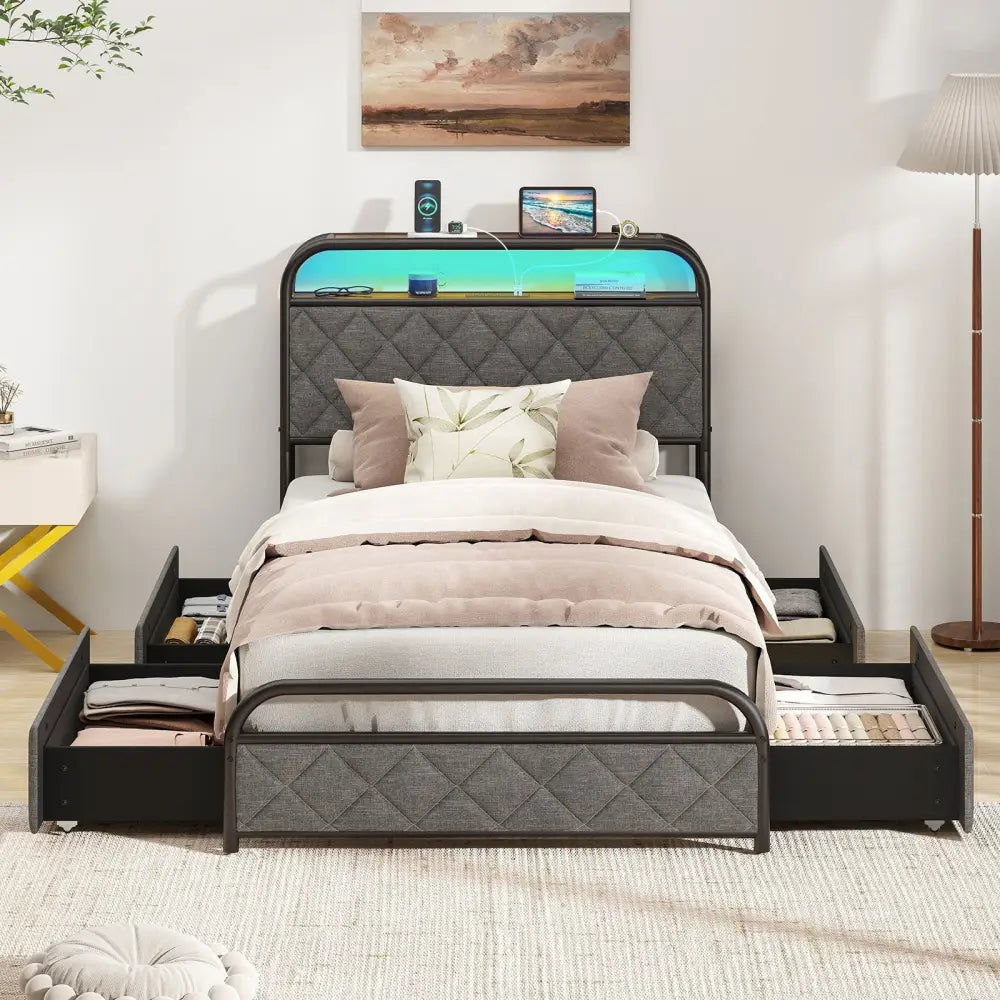 Twin/Full/Queen Size Bed Frame with LED Lights and Charging Station-Twin Size - Black - Simple Bed Frame