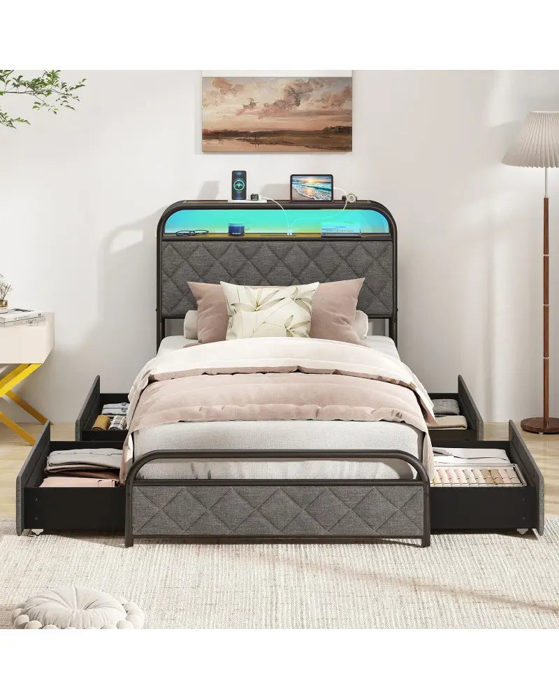 Twin/Full/Queen Size Bed Frame with LED Lights and Charging Station-Twin Size - Black - Simple Bed Frame