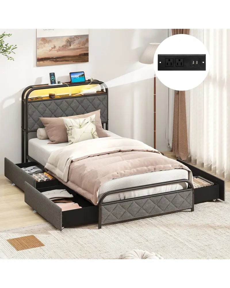 Twin/Full/Queen Size Bed Frame with LED Lights and Charging Station-Twin Size - Black - Simple Bed Frame