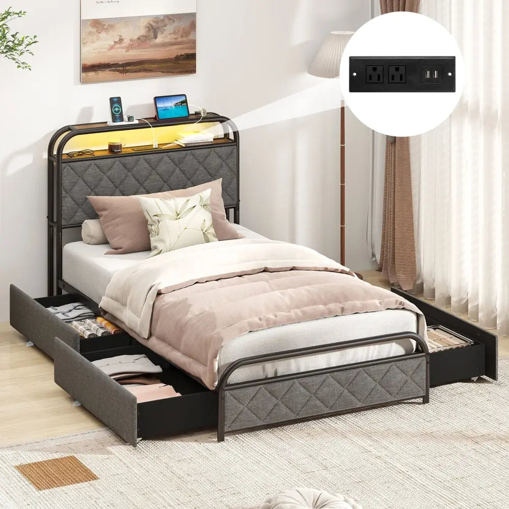 Twin/Full/Queen Size Bed Frame with LED Lights and Charging Station-Twin Size - Black - Simple Bed Frame