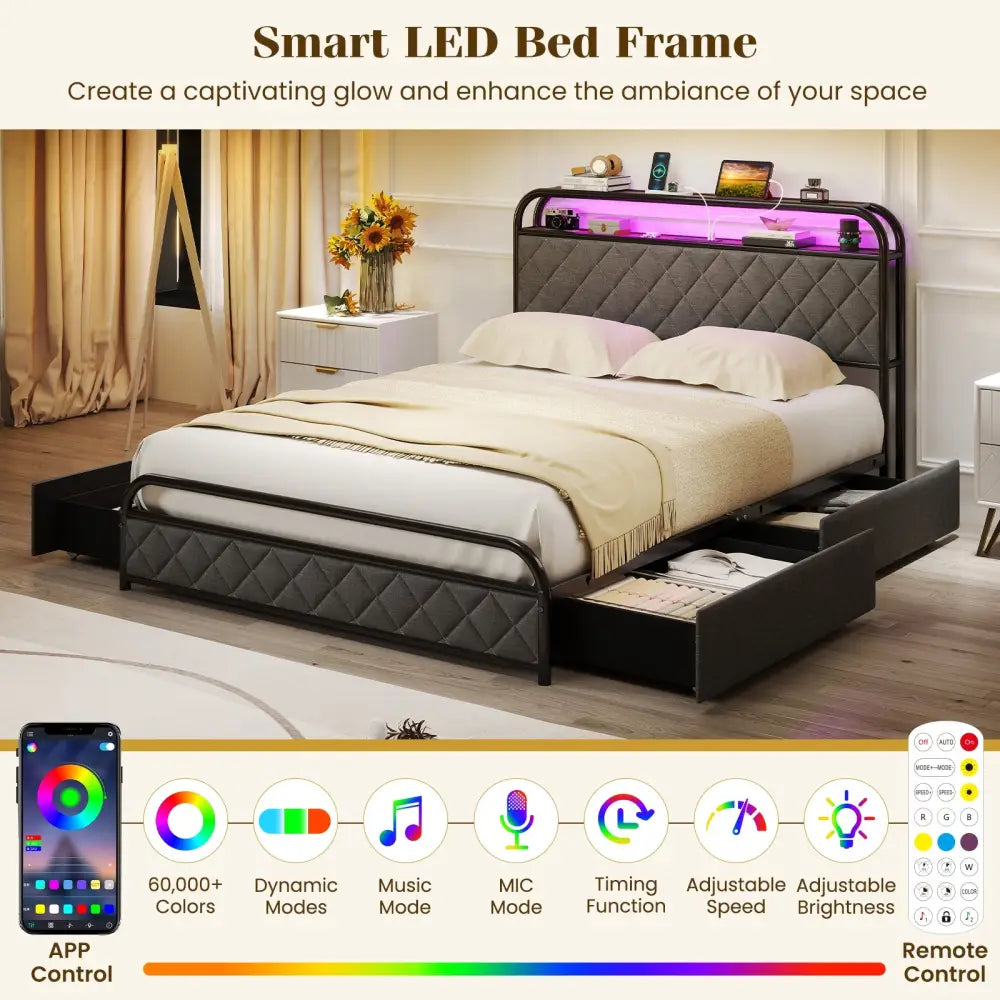 Twin/Full/Queen Size Bed Frame with LED Lights and Charging Station-Full Size - Black - Simple Bed Frame