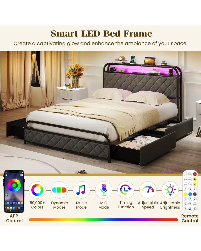 Twin/Full/Queen Size Bed Frame with LED Lights and Charging Station-Full Size - Black - Simple Bed Frame