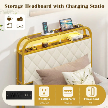 Twin/Full/Queen Size Bed Frame with LED Lights and Charging Station Gold-Twin Size - Golden - Simple Bed Frame
