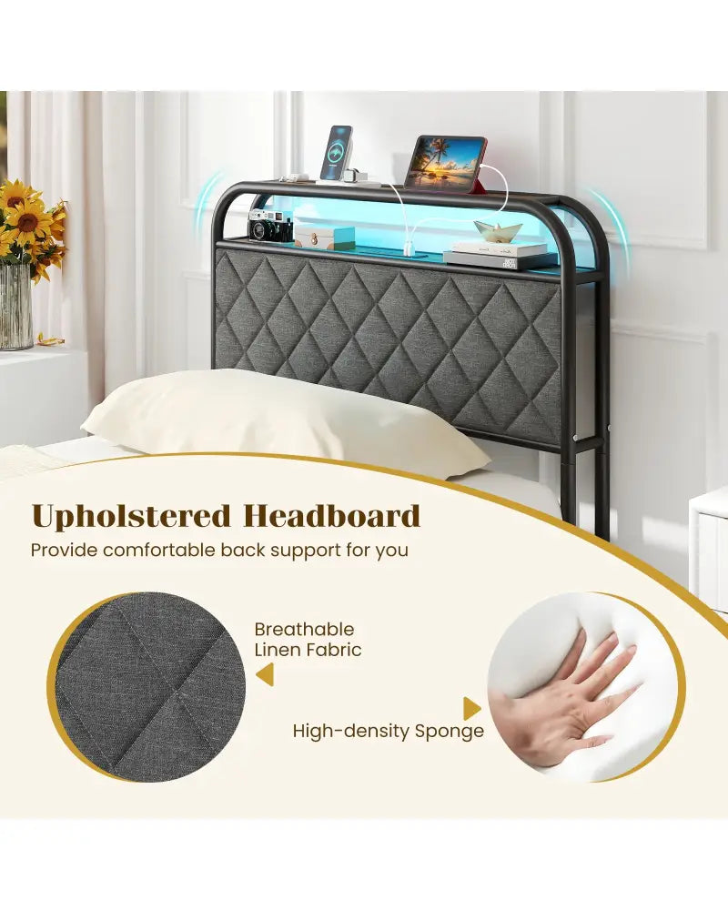 Twin/Full/Queen Size Bed Frame with LED Lights and Charging Station-Twin Size - Black - Simple Bed Frame