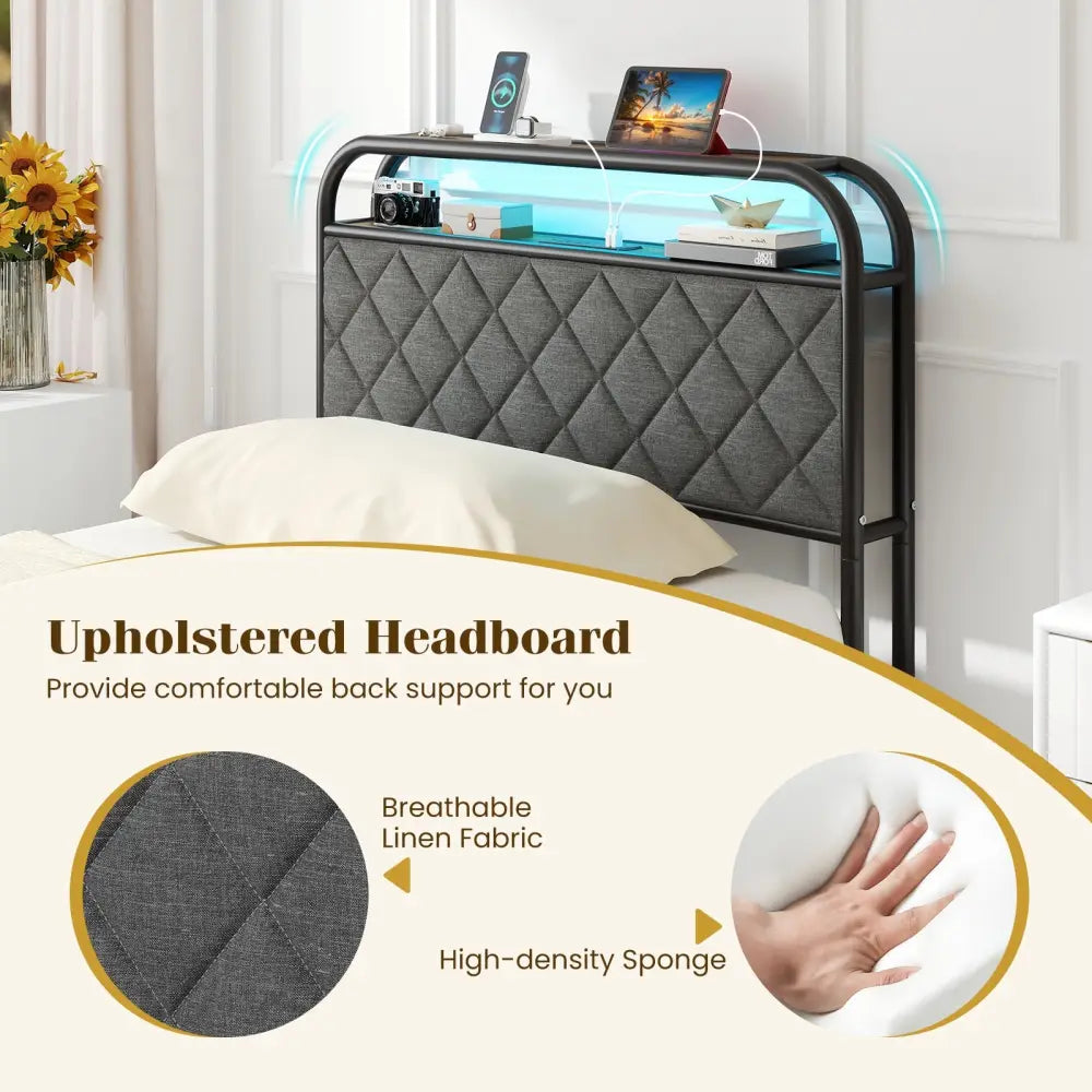 Twin/Full/Queen Size Bed Frame with LED Lights and Charging Station-Twin Size - Black - Simple Bed Frame