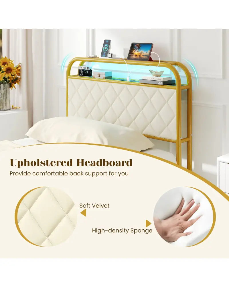Twin/Full/Queen Size Bed Frame with LED Lights and Charging Station Gold-Twin Size - Golden - Simple Bed Frame