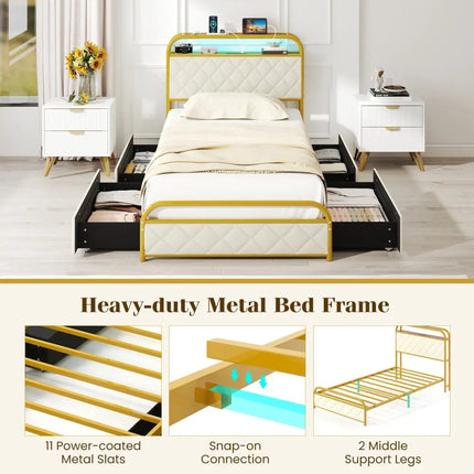 Twin/Full/Queen Size Bed Frame with LED Lights and Charging Station Gold-Twin Size - Golden - Simple Bed Frame