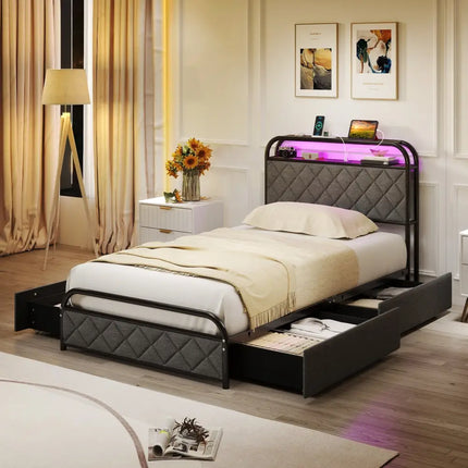 Twin/Full/Queen Size Bed Frame with LED Lights and Charging Station-Twin Size - Black - Simple Bed Frame