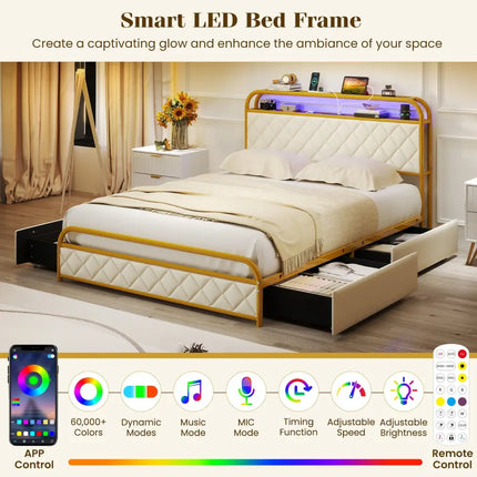 Twin/Full/Queen Size Bed Frame with LED Lights and Charging Station Gold-Full Size - Golden - Simple Bed Frame