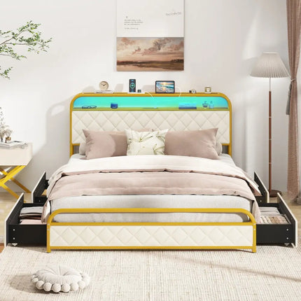 Twin/Full/Queen Size Bed Frame with LED Lights and Charging Station Gold-Queen Size - Golden - Simple Bed Frame