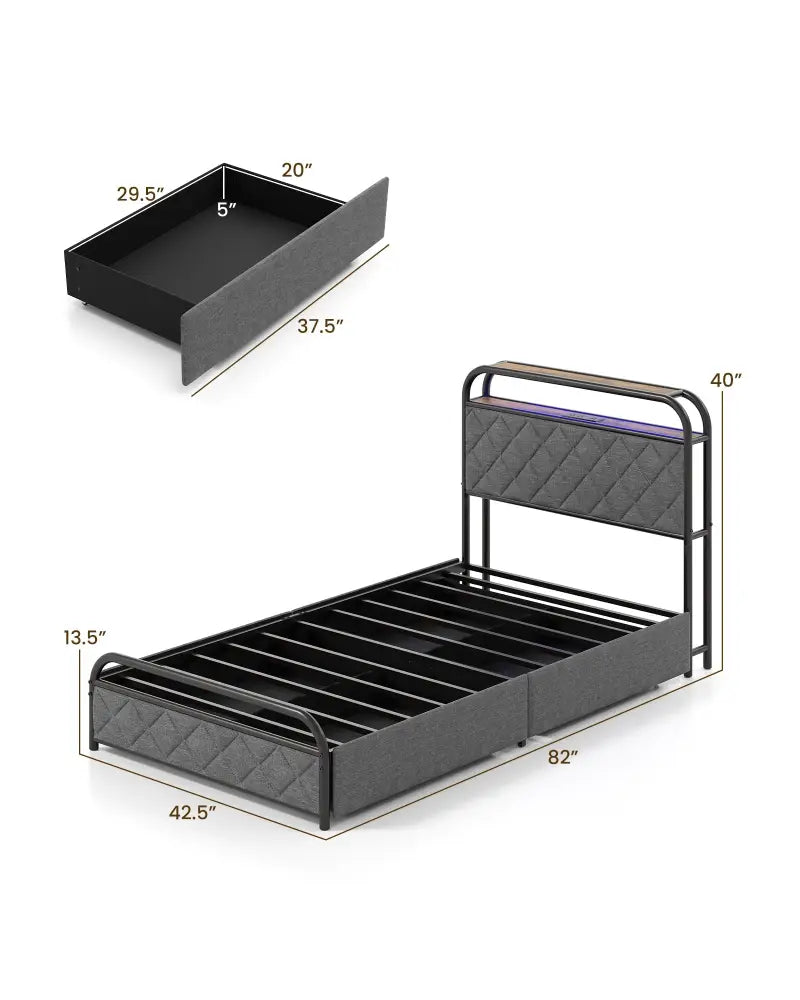 Twin/Full/Queen Size Bed Frame with LED Lights and Charging Station-Twin Size - Black - Simple Bed Frame