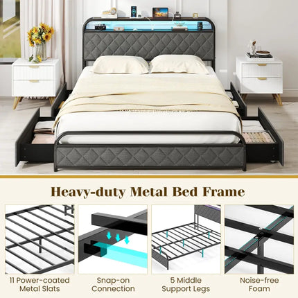 Twin/Full/Queen Size Bed Frame with LED Lights and Charging Station-Queen Size - Black - Simple Bed Frame