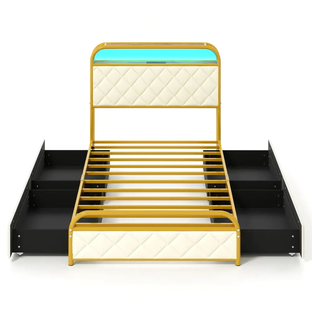 Twin/Full/Queen Size Bed Frame with LED Lights and Charging Station Gold-Twin Size - Golden - Simple Bed Frame