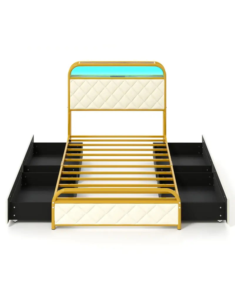 Twin/Full/Queen Size Bed Frame with LED Lights and Charging Station Gold-Twin Size - Golden - Simple Bed Frame