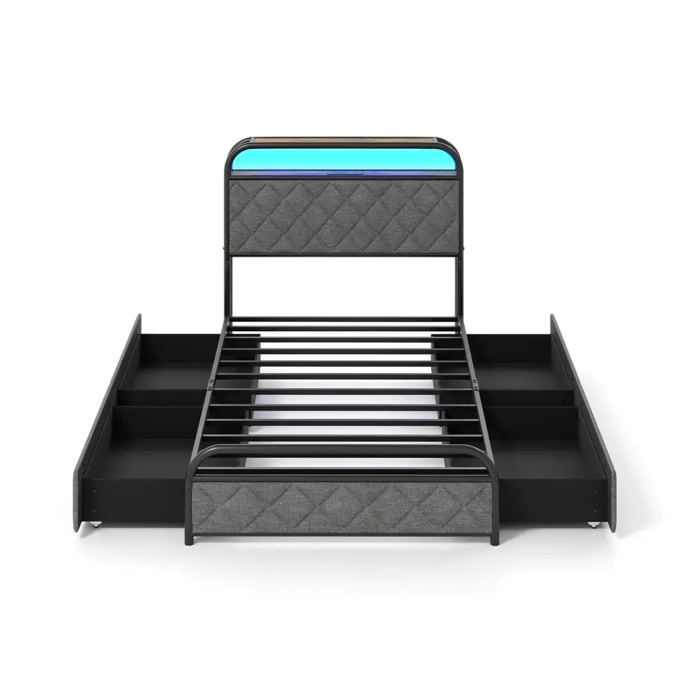 Twin/Full/Queen Size Bed Frame with LED Lights and Charging Station-Twin Size - Black - Simple Bed Frame