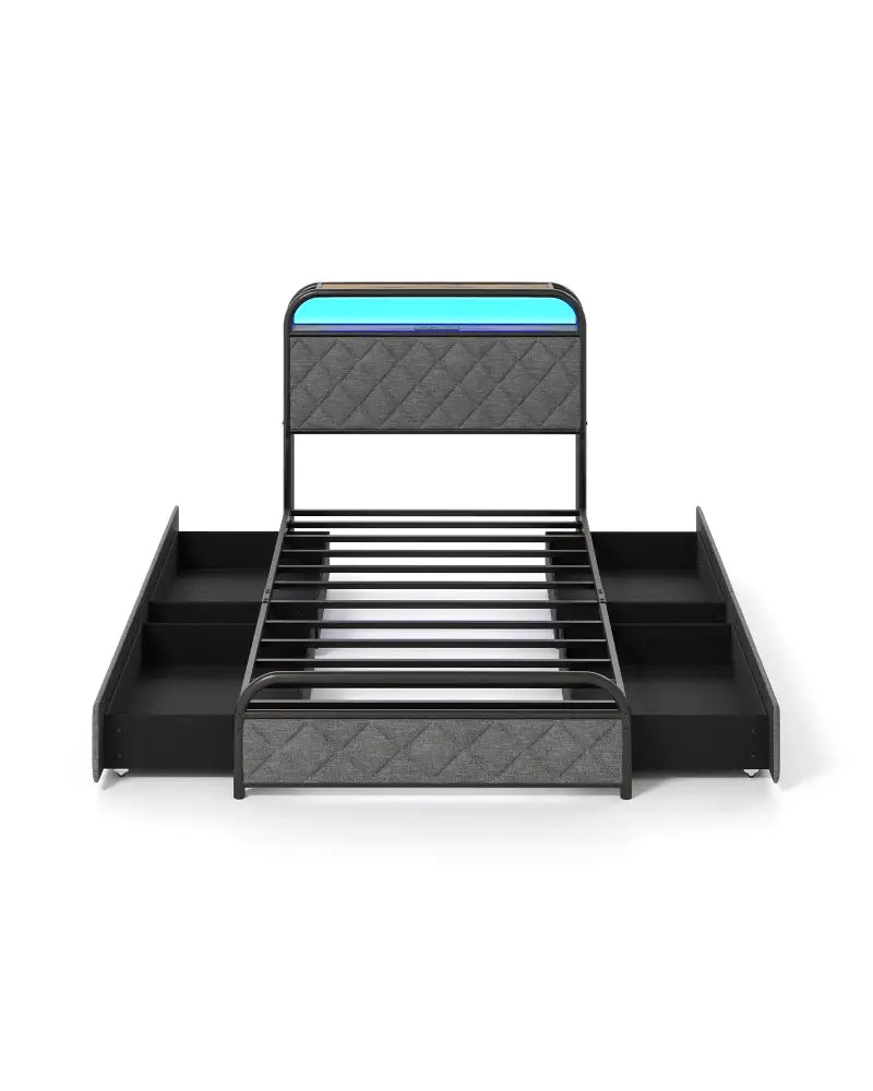 Twin/Full/Queen Size Bed Frame with LED Lights and Charging Station-Twin Size - Black - Simple Bed Frame