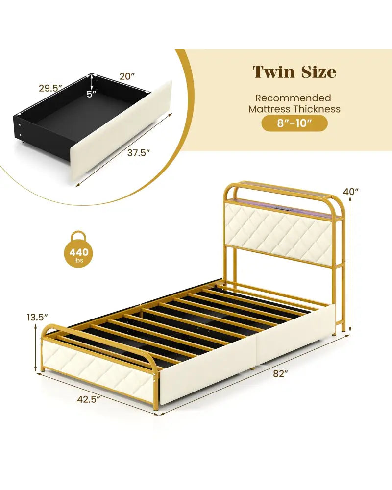 Twin/Full/Queen Size Bed Frame with LED Lights and Charging Station Gold-Twin Size - Golden - Simple Bed Frame