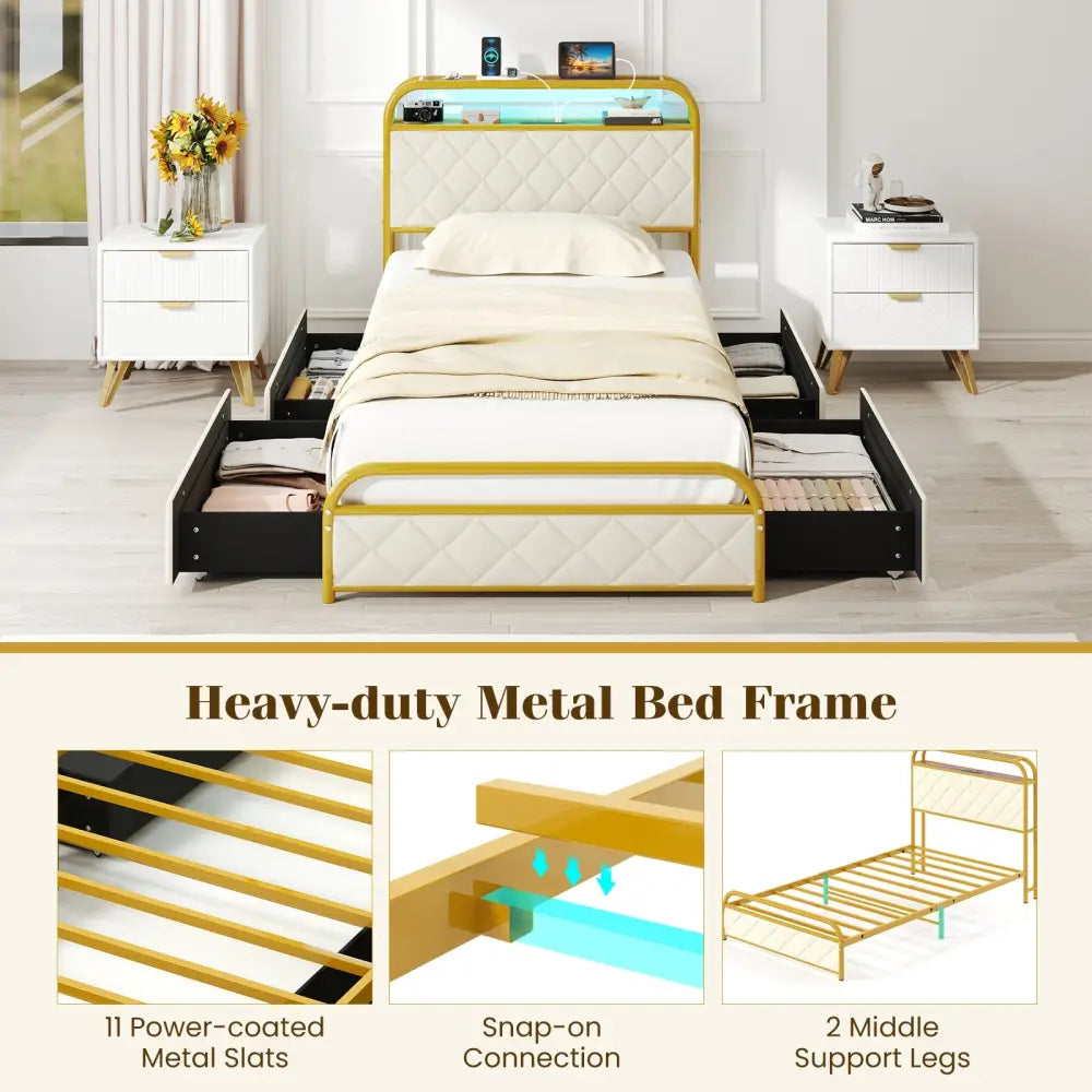 Twin/Full/Queen Size Bed Frame with LED Lights and Charging Station Gold-Twin Size - Golden - Simple Bed Frame