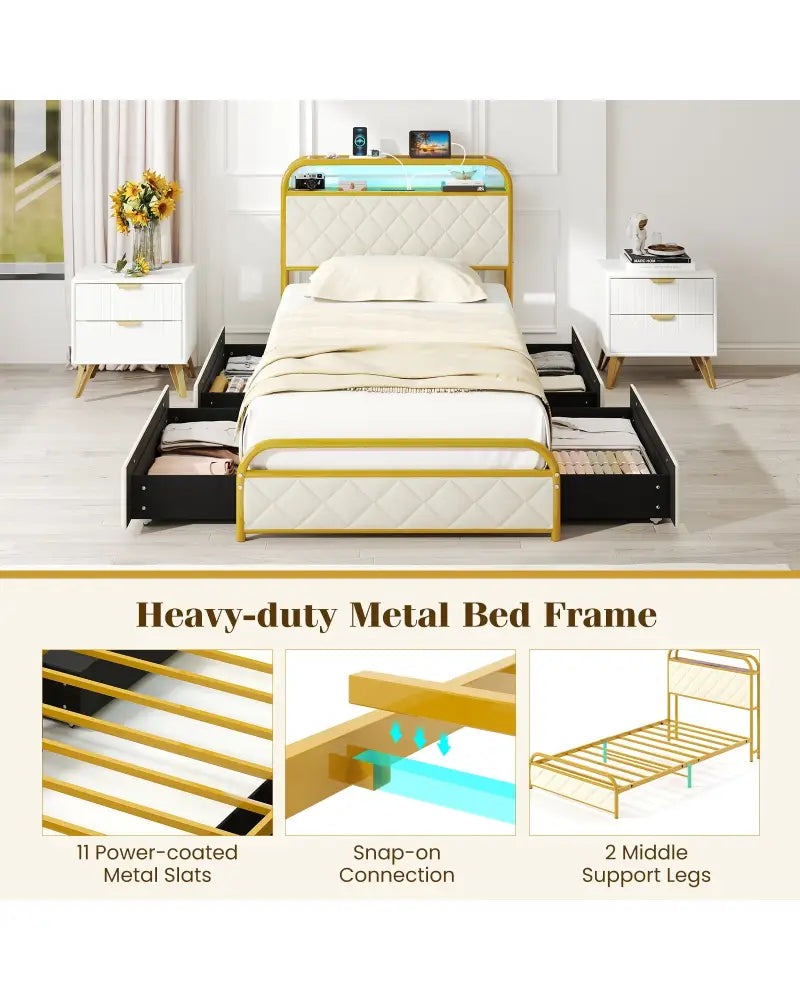Twin/Full/Queen Size Bed Frame with LED Lights and Charging Station Gold-Twin Size - Golden - Simple Bed Frame