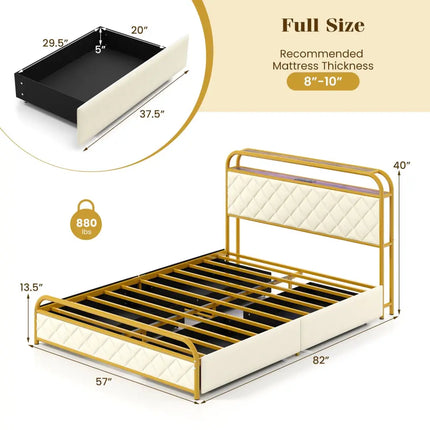 Twin/Full/Queen Size Bed Frame with LED Lights and Charging Station Gold-Full Size - Golden - Simple Bed Frame