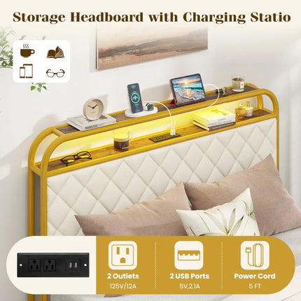 Twin/Full/Queen Size Bed Frame with LED Lights and Charging Station Gold-Full Size - Golden - Simple Bed Frame