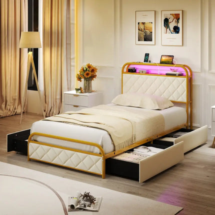 Twin/Full/Queen Size Bed Frame with LED Lights and Charging Station Gold-Twin Size - Golden - Simple Bed Frame