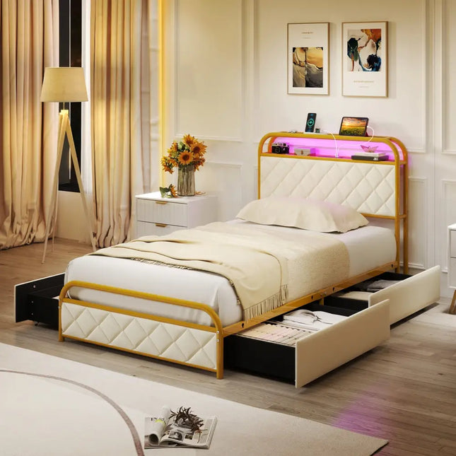 Twin/Full/Queen Size Bed Frame with LED Lights and Charging Station Gold-Twin Size - Golden - Simple Bed Frame
