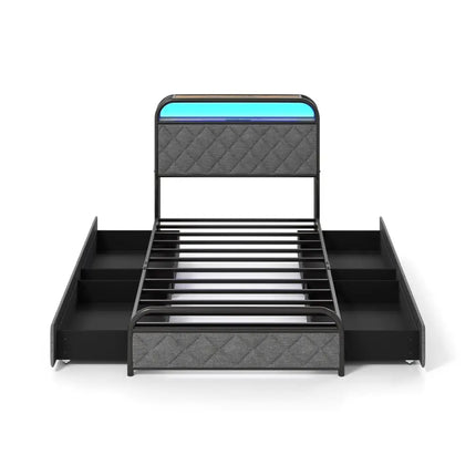 Twin/Full/Queen Size Bed Frame with LED Lights and Charging Station-Twin Size - Black - Simple Bed Frame