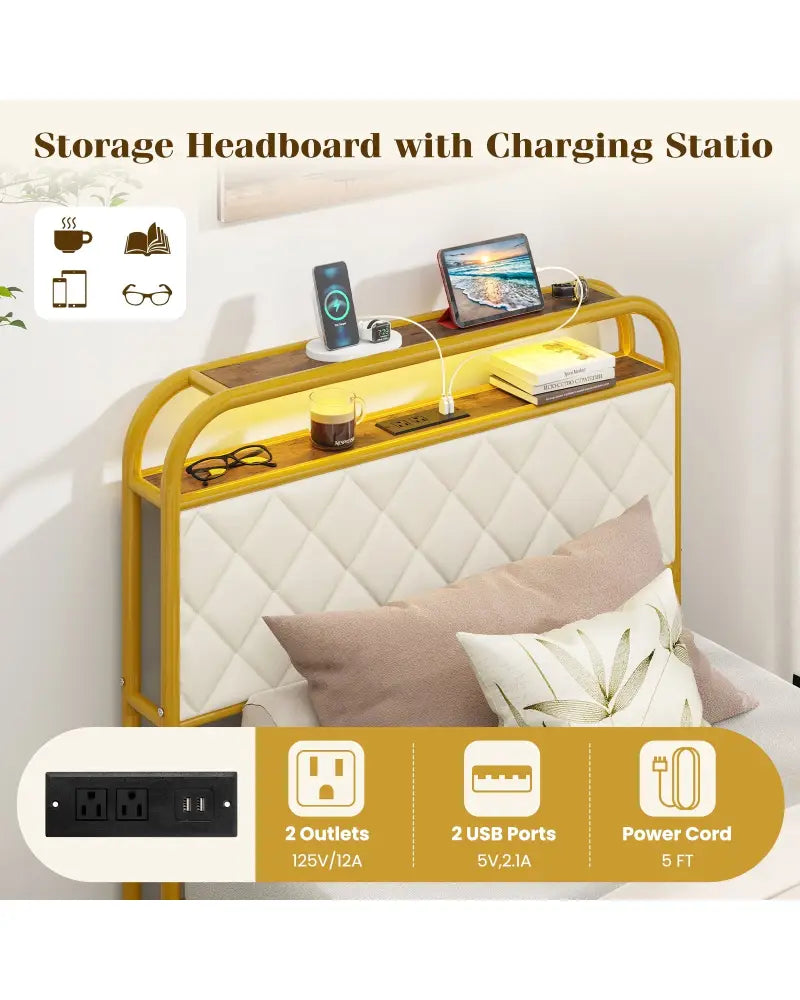Twin/Full/Queen Size Bed Frame with LED Lights and Charging Station Gold-Twin Size - Golden - Simple Bed Frame