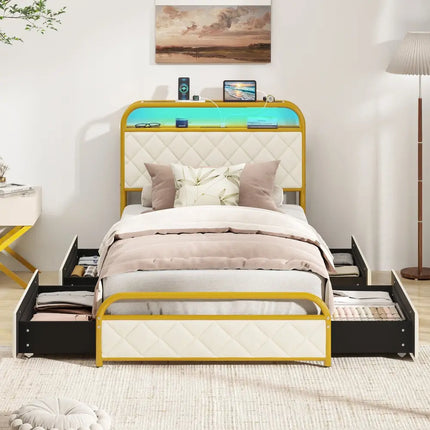 Twin/Full/Queen Size Bed Frame with LED Lights and Charging Station Gold-Twin Size - Golden - Simple Bed Frame