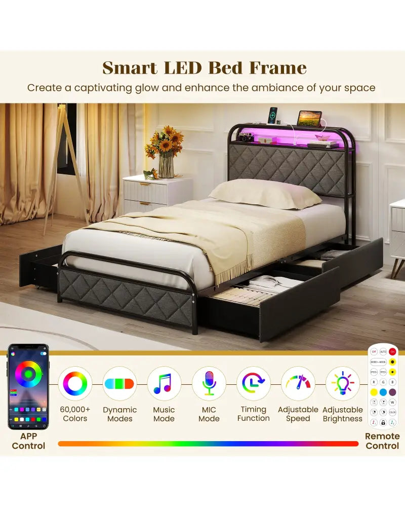 Twin/Full/Queen Size Bed Frame with LED Lights and Charging Station-Twin Size - Black - Simple Bed Frame