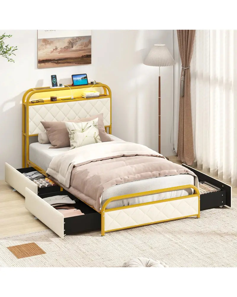 Twin/Full/Queen Size Bed Frame with LED Lights and Charging Station Gold-Twin Size - Golden - Simple Bed Frame