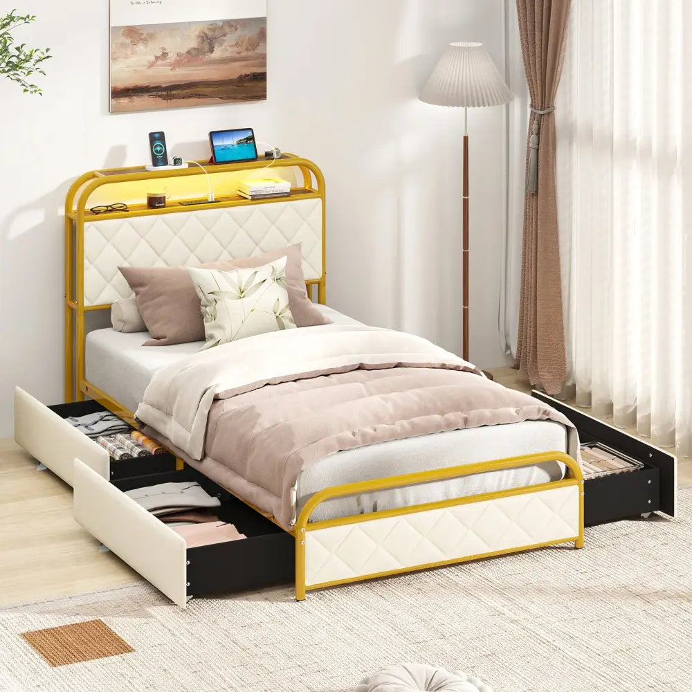 Twin/Full/Queen Size Bed Frame with LED Lights and Charging Station Gold-Twin Size - Golden - Simple Bed Frame
