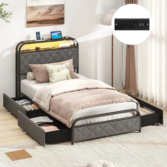 Twin/Full/Queen Size Bed Frame with LED Lights and Charging Station-Twin Size - Black - Simple Bed Frame