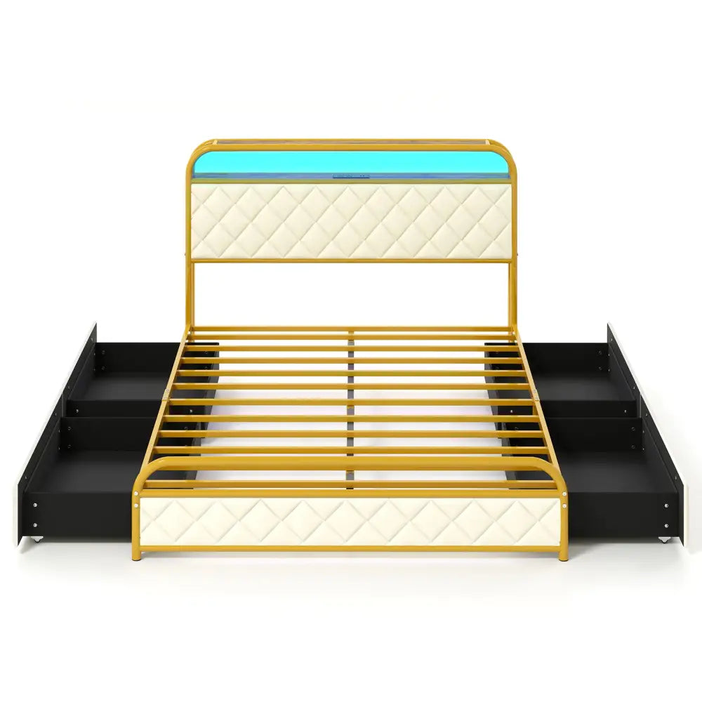 Twin/Full/Queen Size Bed Frame with LED Lights and Charging Station Gold-Full Size - Golden - Simple Bed Frame