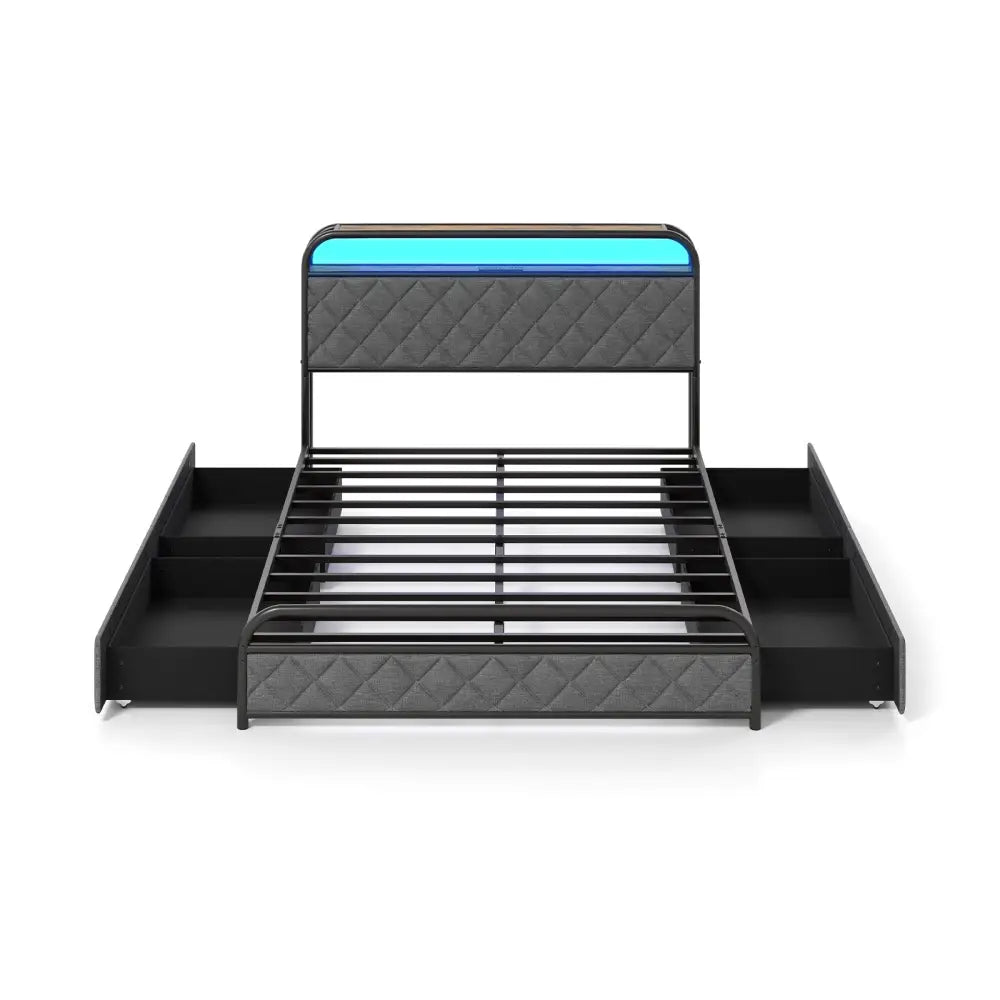 Twin/Full/Queen Size Bed Frame with LED Lights and Charging Station-Full Size - Black - Simple Bed Frame
