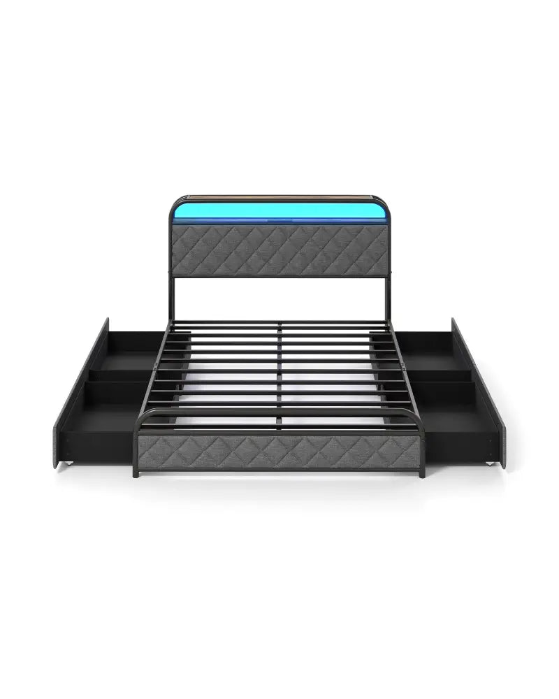 Twin/Full/Queen Size Bed Frame with LED Lights and Charging Station-Full Size - Black - Simple Bed Frame
