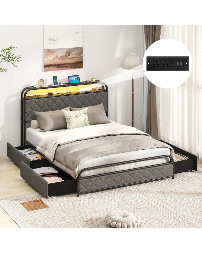 Twin/Full/Queen Size Bed Frame with LED Lights and Charging Station-Full Size - Black - Simple Bed Frame
