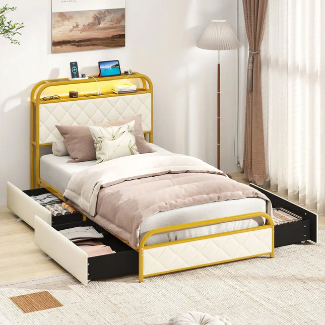 Twin/Full/Queen Size Bed Frame with LED Lights and Charging Station Gold-Twin Size - Golden - Simple Bed Frame