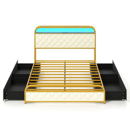 Twin/Full/Queen Size Bed Frame with LED Lights and Charging Station Gold-Full Size - Golden - Simple Bed Frame