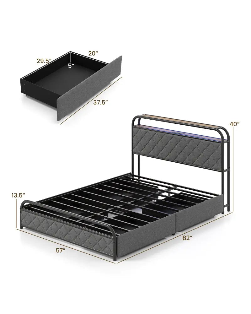 Twin/Full/Queen Size Bed Frame with LED Lights and Charging Station-Full Size - Black - Simple Bed Frame