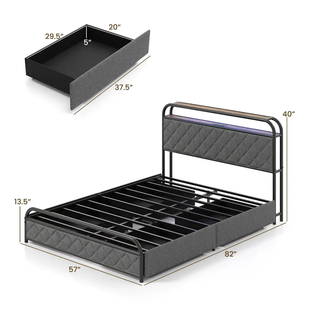 Twin/Full/Queen Size Bed Frame with LED Lights and Charging Station-Full Size - Black - Simple Bed Frame